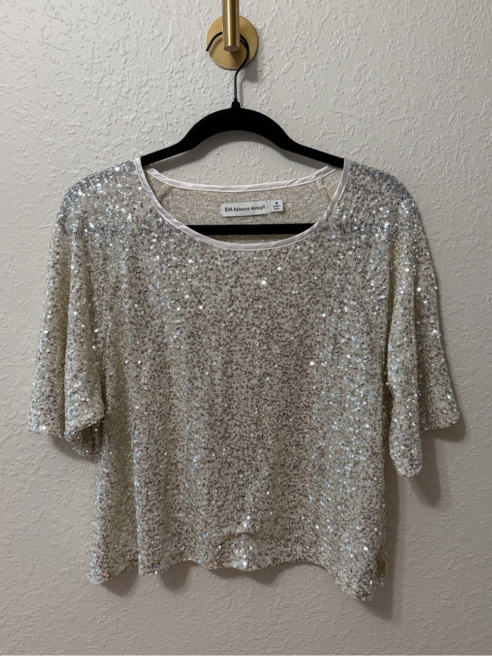 Rebecca Minkoff Silver Champagne Sequin Short-Sleeve Top